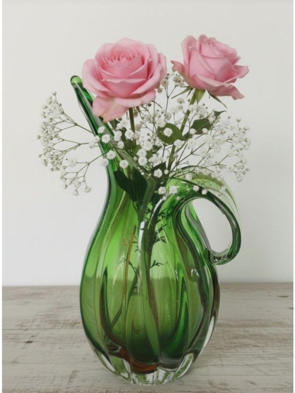 Handblown Murano Green Swirled Glass Pitcher With Handle - Mid-Century Decorativ